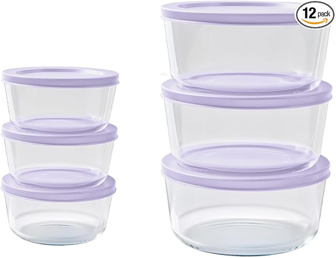 12-Piece Glass Food Storage Containers Set (6 Containers + 6 BPA-Free Lids) | 2-Cup & 4-Cup, Leakproof | Microwave, Freezer, Oven & Dishwasher Safe | Ideal for Meal Prep & Pantry Organization, Purple
