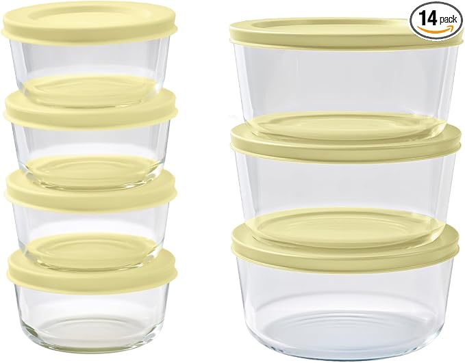 14-Piece Glass Food Storage Containers Set (7 Containers + 7 BPA-Free Lids) | 1-Cup & 4-Cup, Leakproof | Microwave, Freezer, Oven & Dishwasher Safe | Ideal for Meal Prep & Pantry Organization, Yellow
