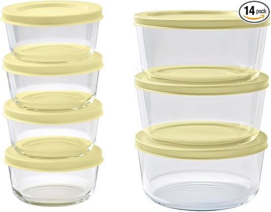 14-Piece Glass Food Storage Containers Set (7 Containers + 7 BPA-Free Lids) | 1-Cup & 4-Cup, Leakproof | Microwave, Freezer, Oven & Dishwasher Safe | Ideal for Meal Prep & Pantry Organization, Yellow