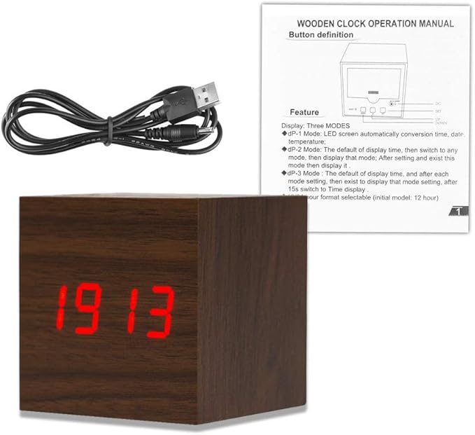 Wooden Alarm Clock - Mini Cube LED Digital Clock with Time/Date/Temperature Display, 3 Levels Brightness and Voice Control Great for Home Office Travel - AC10Brown_Red