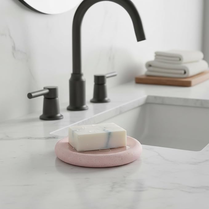 Round Diatomite Soap Dish, 3.9 Inch Natural Stone Bar Soap Holder for Bathroom Sink, Vanity, or Shower Ledge