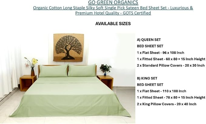 Organic Cotton Long Staple Silky Soft Single Pick Sateen Bed Sheet Set - Luxurious & Premium Hotel Quality - GOTS Certified - Solid Dyed (Tea Green, King (U.S. Standard))