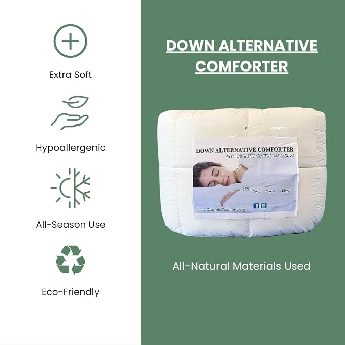 ORGANIC TEXTILES White Down Alternative Bed Comforter with Organic Cotton Cover (Queen Size, Regular Fill), Skin Sensitive, All-Seasons Use, Machine Washable, Eco-Friendly Alternative