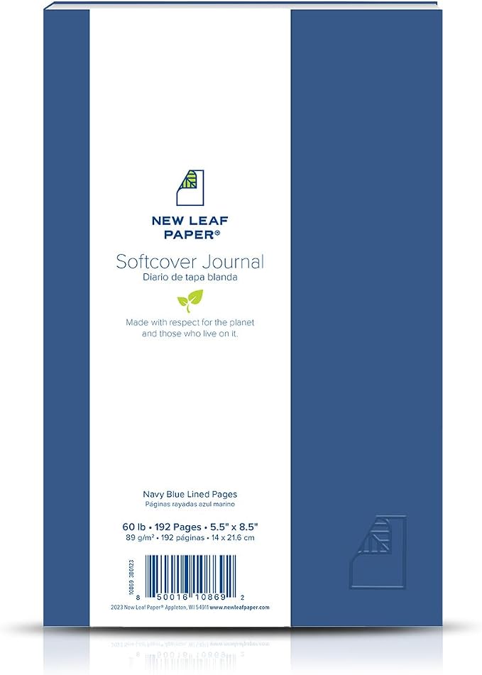 100% Recycled Softcover Lined Journal, Navy Blue, 8.5" x 5.5", 192 Pages, Embossed, Perfect Bound, FSC Certified, Made in USA