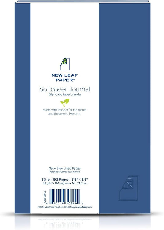 100% Recycled Softcover Lined Journal, Navy Blue, 8.5" x 5.5", 192 Pages, Embossed, Perfect Bound, FSC Certified, Made in USA