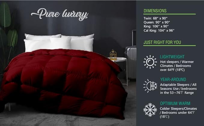 9.8 NEWTON Eco Friendly All Seasons Feather Down Alternative Comforter Full/Queen Size - Box Pleated Down Alternative Duvet Quilt Comforter Insert with Corner Tabs (90x90, Burgundy)