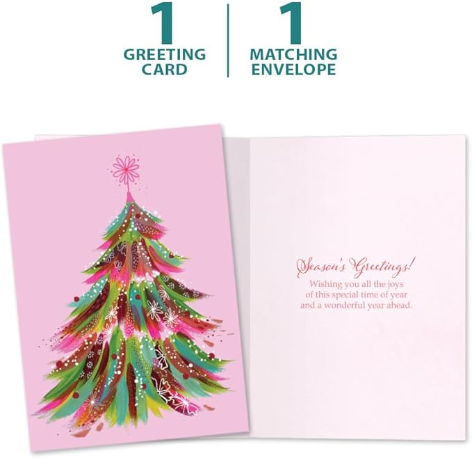 Tree-Free Greetings - Season's Greeting Card - Artful Designs - 1 Card + Matching Envelopes - Made in USA - 100% Recycled Paper - 5 x 7 - Pink Tree (VO80704)
