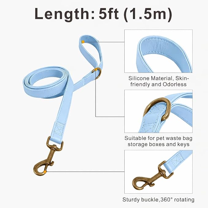 Silicone Dog Collar and Leash Set, Waterproof & Odor-Proof Puppy Collar for Small Dogs, Soft Flexible Leather-Look Dog Collars, Durable Thick Adjustable Pet Collar (Blue, Small (11-15.5" Neck))