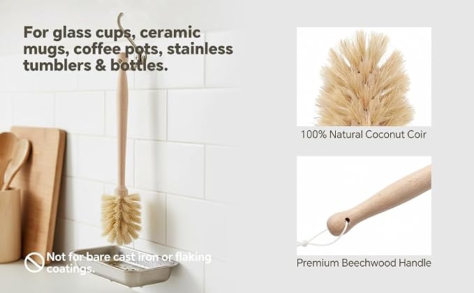 Wooden Dish Brush - Round Kitchen Scrub Brush for Pots, Pans & Cast Iron Skillets - Heavy Duty Vegetable Scrubber & Sink Cleaner (Natural Beech)