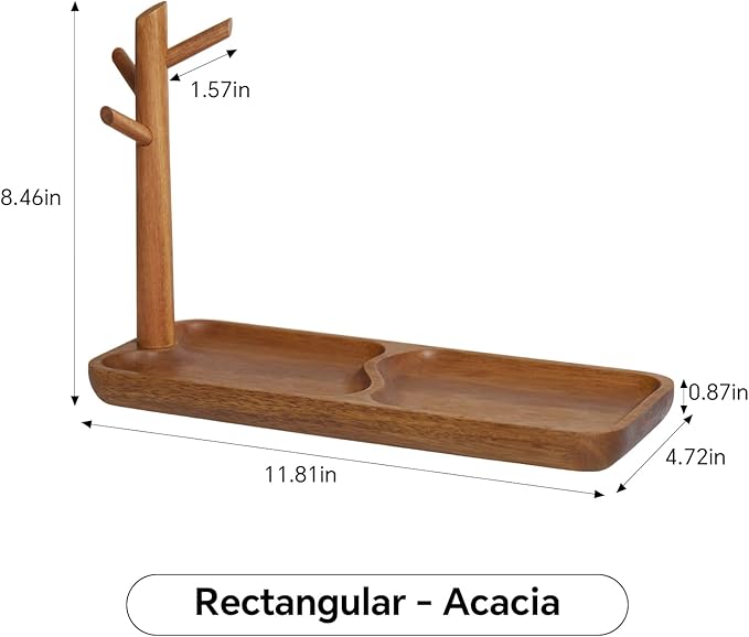 Solid Acacia Wood Key Tray and Bowl for Entryway Table - Jewelry Tray With 3 Hooks, Open Storage for Wallet, Glasses, Watches, Lipstick (Acacia, Rectangle)