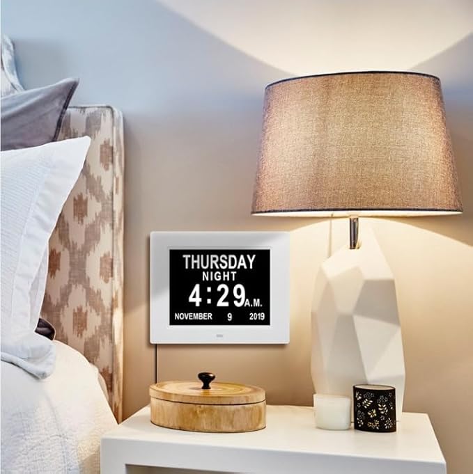 Digital Calendar Date Multi Alarm Clock 8 inch Large Display Auto-Dimming Electic Desk Table Wall Mount Office, Home, Kitchen, Room, School, Bedroom, Living Room (White)