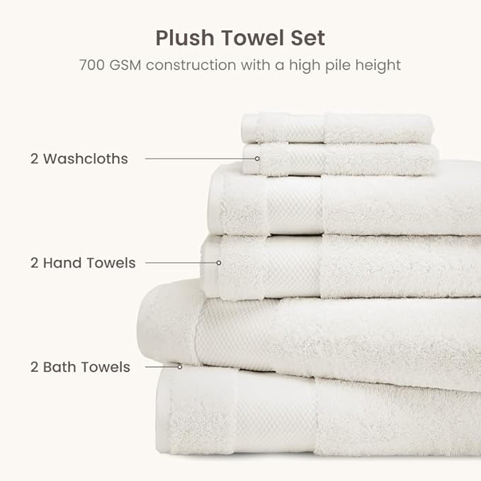 BIOWEAVES 100% Organic Cotton 700 GSM Plush 6-Piece Towel Set GOTS Certified, 2 Bath Towels, 2 Hand Towels & 2 Washcloths - Ivory