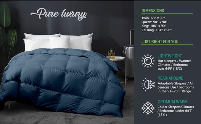 9.8 NEWTON Eco Friendly All Seasons Feather Down Alternative Comforter Full/Queen Size - Box Pleated Down Alternative Duvet Quilt Comforter Insert with Corner Tabs (90x90, Steal Blue)