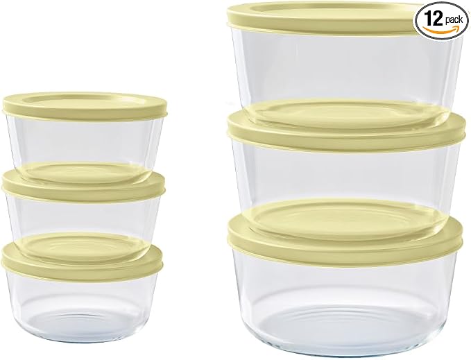 12-Piece Glass Food Storage Containers Set (6 Containers + 6 BPA-Free Lids) | 2-Cup & 4-Cup, Leakproof | Microwave, Freezer, Oven & Dishwasher Safe | Ideal for Meal Prep & Pantry Organization, Yellow