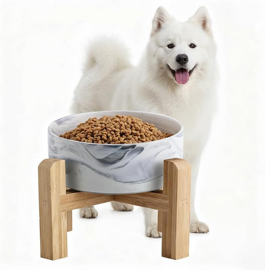 Elevated/Raised Ceramic Dog Bowl with Bamboo Stand,Marble Pattern 7 Inch 7.6 Cups Non Slip Heavy Weighted Single Pet Dish,Reduces Neck Strain Marble Gray