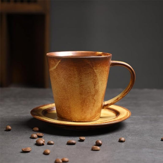 Rustic Kiln Glaze Textured Ceramic Coffee Mug with Saucer, Vintage Wabi Sabi Latte Tea Cup Multiple Styles, set of 1 (MIXED06)
