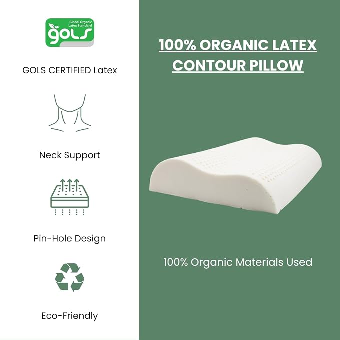 ORGANIC TEXTILES Organic Latex Contour Pillow with Organic Cotton Cover - GOTS & GOLS Certified, Ergonomic Contour Design, Bed Pillow, Spine Support - (Low Loft, Soft) - Pack of 1