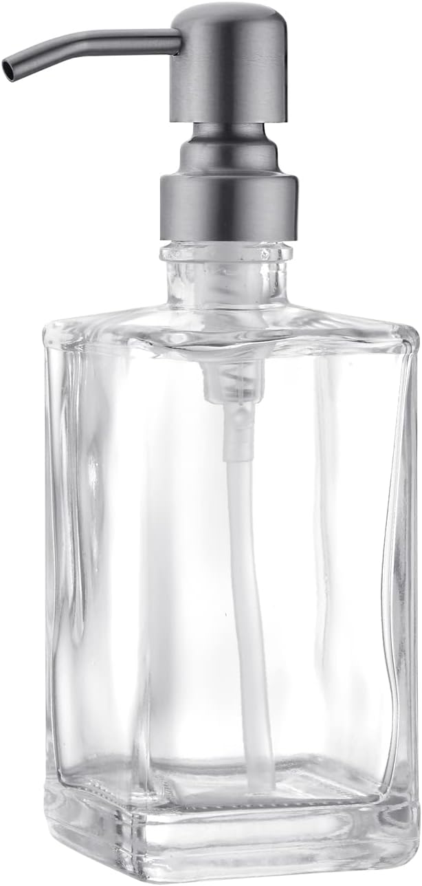 13.5 Oz Clear Glass Soap Dispenser with Rust Proof Stainless Steel Pump, Refillable Liquid Hand Soap Jar for Bathroom, Premium Kitchen Soap Dispenser (Brushed Nickel)
