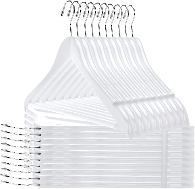 Quality Wooden Hangers - Slightly Curved Hanger 90 Pack Sets - Solid Wood Coat Hangers with Stylish Chrome Hooks - Heavy-Duty Clothes, Jacket, Shirt, Pants, Suit Hangers (White, 90)