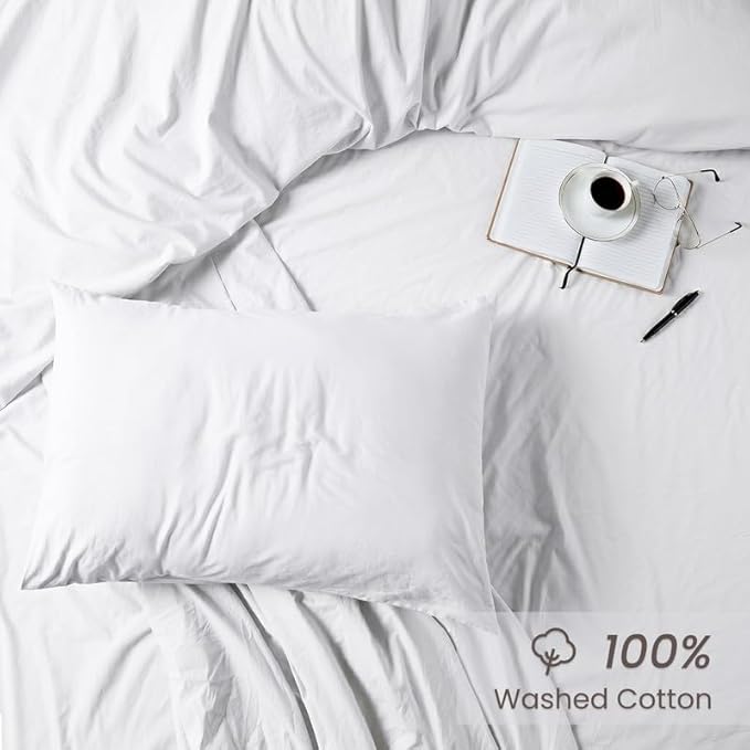 BIOWEAVES 100% Organic Washed Cotton Percale Weave Sheets King, GOTS Certified Sheets for King Size Bed, 17” Deep Pocket – 4 Piece Set, White