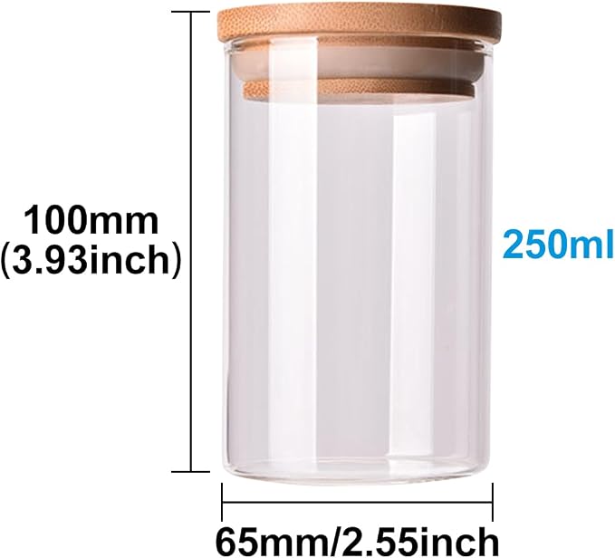 Glass Food Storage Containers with Bamboo Lids Airtight Food Storage Jar Glass Jar Kitchen Canisters for Pasta, Rice, Flour, Sugar(250ml, 65x100mm)