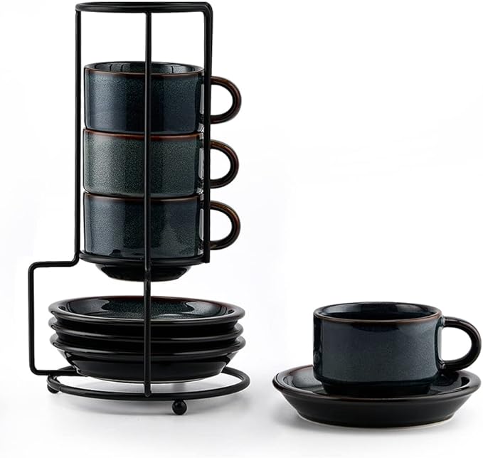 JIEMEI HOME Porcelain Stackable Espresso Cups with Saucers and Metal Stand, 4 Ounce Demitasse Cups for Specialty Coffee Drinks, Latte, Tea Set of 4, Stackable Espresso Mugs, Kiln Tide Glaze