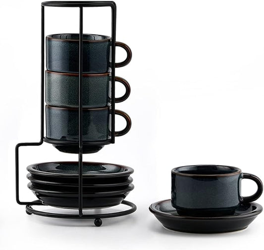 JIEMEI HOME Porcelain Stackable Espresso Cups with Saucers and Metal Stand, 4 Ounce Demitasse Cups for Specialty Coffee Drinks, Latte, Tea Set of 4, Stackable Espresso Mugs, Kiln Tide Glaze
