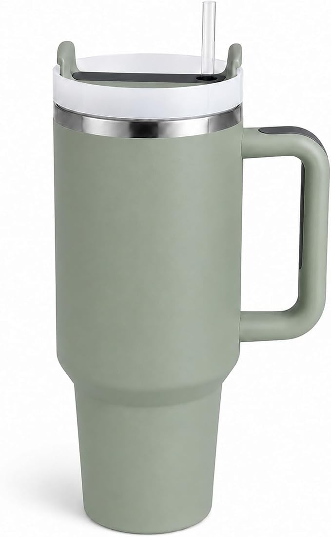 Pandance 40 oz Tumbler with Handle, Tumbler with Lid and Straw(Bay Green) | Stainless Steel Vacuum Insulated Travel Mug, Sturdy Screw-on lid, Cup Holder Friendly, Large Capacity Cup For Iced Coffee