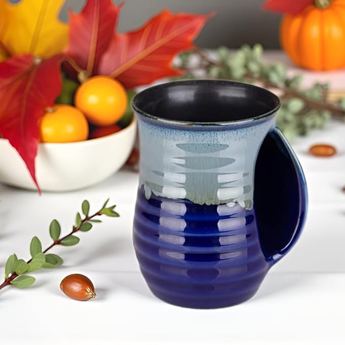 Hand Warmer Mug for Coffee Handmade Pottery (UPGRADED) - 16 Ounce Large Handwarmer Mugs Ceramic with Pocket Handles Gift for New Year Christmas, Keep Your Fingers Warming, Right Handed