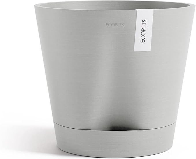 Ecopots Venice 2 Durable Modern Round Indoor/Outdoor Recycled-Based Composite Flower Pot Planter w/Water Reservoir, White Grey, 12"