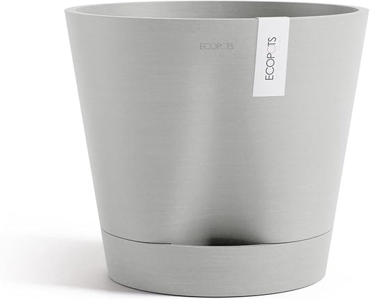 Ecopots Venice 2 Durable Modern Round Indoor/Outdoor Recycled-Based Composite Flower Pot Planter w/Water Reservoir, White Grey, 12"