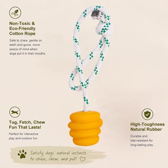 Green Sheep Tug & Enrichment Dog Toy, Interactive Rope Ball Toy with Removable Cotton Rope, Treat Dispensing Natural Rubber Dental Chew Toy for Medium and Large Dogs, Yellow