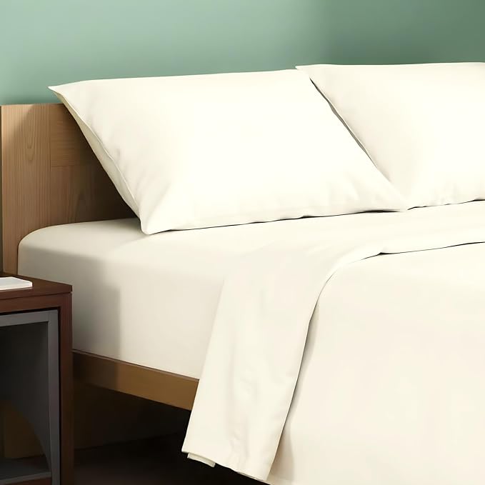TEXAS LINEN CO. 100% Organic Cotton Sheets Twin Size - 3 PC Organic Cotton Percale Sheets Twin Set (Ivory), Soft, Cooling & Breathable Bedsheets, 16" Deep Pocket Hotel Bedding - GOTS Certified