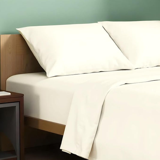 TEXAS LINEN CO. 100% Organic Cotton Percale Sheets Queen Size - 4 PC Ivory Organic Sheets Queen Set, Soft, Crisp & Cooling, Fully Elasticized 16" Deep Pocket Hotel Bedsheet Set - GOTS Certified