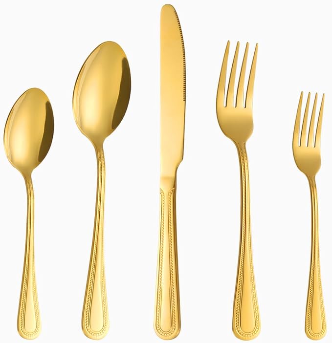 40 Pcs Gold Silverware Set for 8, Food Grade Stainless Steel Flatware Set, Eating Utensils Sets Include Fork/Knife/Spoon, Reusable Cutlery Set for Home Kitchen, Dishwasher Safe, Pearl-edged