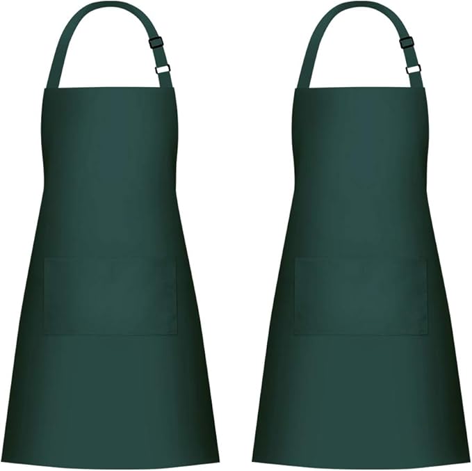 Jubatus 2 Pack 100% Cotton Aprons with 2 Pockets Cooking Chef Kitchen Adjustable Bib Apron for Women Men, Dark Green