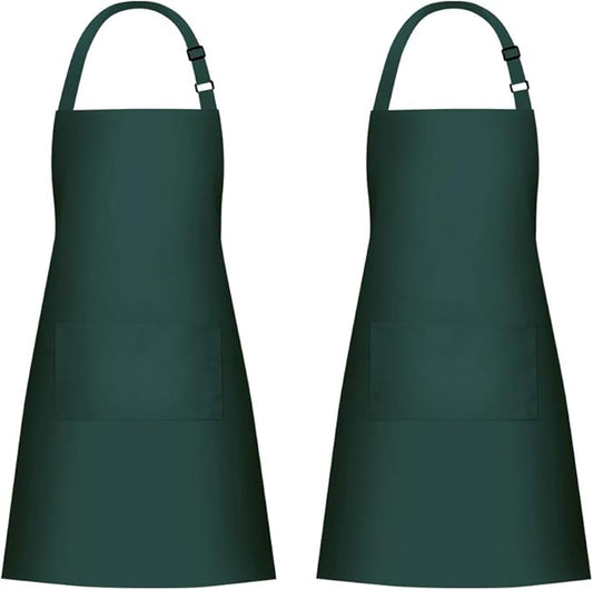 Jubatus 2 Pack 100% Cotton Aprons with 2 Pockets Cooking Chef Kitchen Adjustable Bib Apron for Women Men, Dark Green