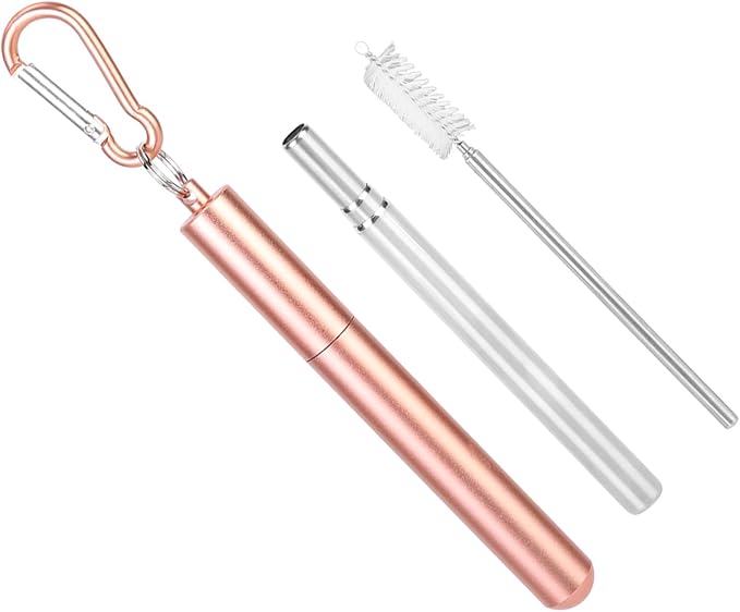 FTVOGUE Collapsible Stainless Steel Straw with Travel Case and Cleaning Brush for Tumblers Cups Smoothies Milkshakes Juice (Pink)