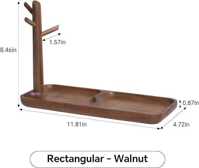 Black Walnut Solid Wood Key Dish Bowl for Entryway Table Square Tray With 3 Hooks, Open Storage for Keys, Wallet, Jewelry (Walnut, Rectangle)