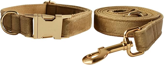Love Dream Velvet Dog Collar and Leash Set, Soft & Comfy Adjustable Dog Leash and Collar with Heavy Duty Metal Buckle for Small Medium Large Dogs Training & Walking (XLarge, Khaki)