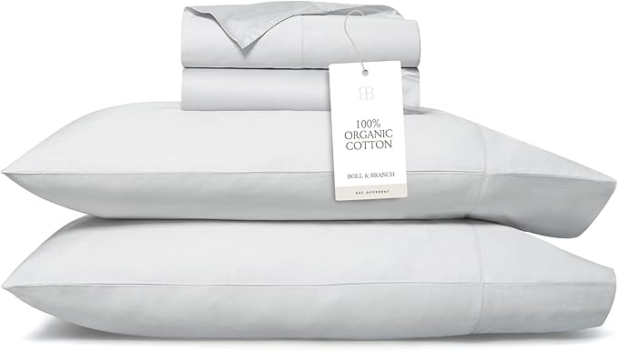 BOLL & BRANCH Percale Hemmed Sheet Set - Cooling Breathable Bed Sheets for Hot Sleepers - King, Sky - Luxury 100% Organic Cotton - 1 Flat, 1 Fitted, 2 Pillowcases