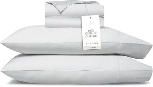 BOLL & BRANCH Percale Hemmed Sheet Set - Cooling Breathable Bed Sheets for Hot Sleepers - King, Sky - Luxury 100% Organic Cotton - 1 Flat, 1 Fitted, 2 Pillowcases