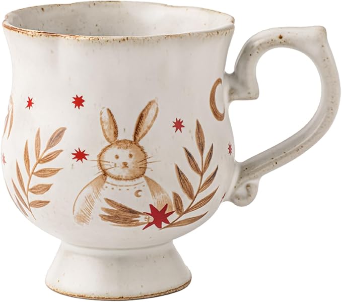 10 oz Footed Ceramic Mug, White & Brown Glazed Coffee Cup, Rustic Decorative Tea Cup with Bunny & Star Pattern for Home Office, Dishwasher & Microwave Safe