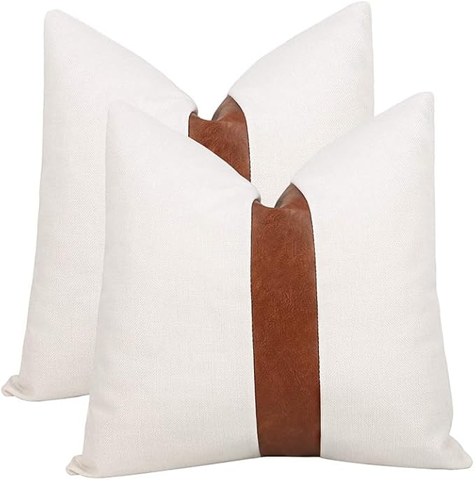 TAOSON Set of 2 Cotton Canvas Patchwork Faux Leather Throw Pillow Covers 18x18 Inch Modern Stripe Patchwork Pillow Covers Farmhouse Decor Pillow Cases for Couch Living Room Bed Sofa Decor Brown White