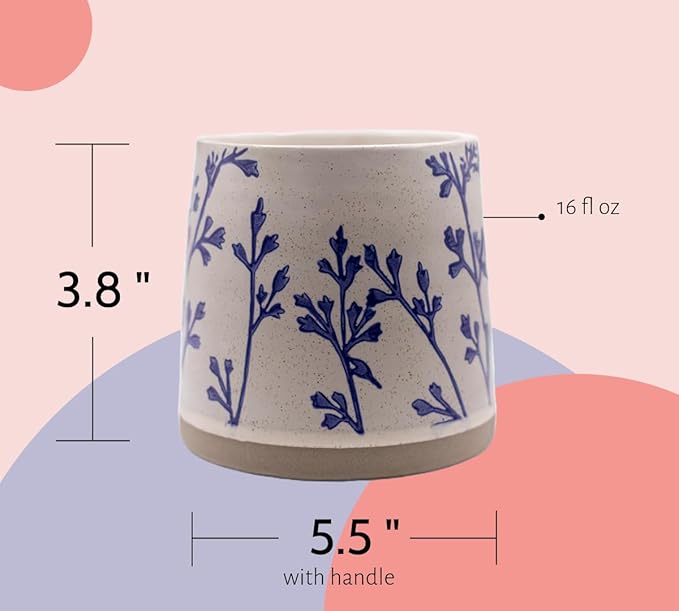Handmade Ceramic Coffee Mug, 16 oz Coffee Cup, 450 ml | Heavy Mug Ideal for Green Tea or Coffee| Large Coffee Mug | Hand Painted Floral Design Pottery Mug | Cute Coffee Mugs for Women | Latte Mugs