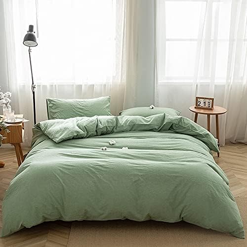 FACE TWO FACE Bedding Duvet Cover Set100% Washed Cotton Duvet Cover Linen Like Textured Breathable Durable Soft Comfy(Queen, Green)