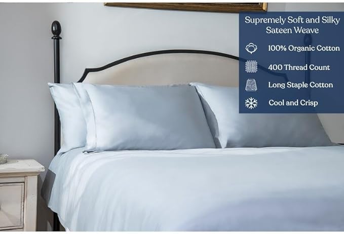 GOTS Certified 100% Organic Cotton Sheets, 400TC Long Staple Cotton, Ultra Soft Silky, Moisture-Wicking, Smooth & Breathable, with Elasticized Deep Pocket