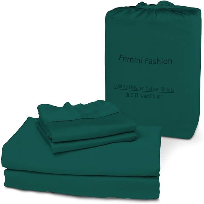 100% Organic Cotton Bed Sheets 800-Thread-Count, 16-Inch Deep-Pocket, Luxury Breathable Crisp 4-Piece Bed Sheet Set (1 Flat Sheet, 1 Fitted Sheet, 2 Pillowcases) - Short-Queen, Teal Blue