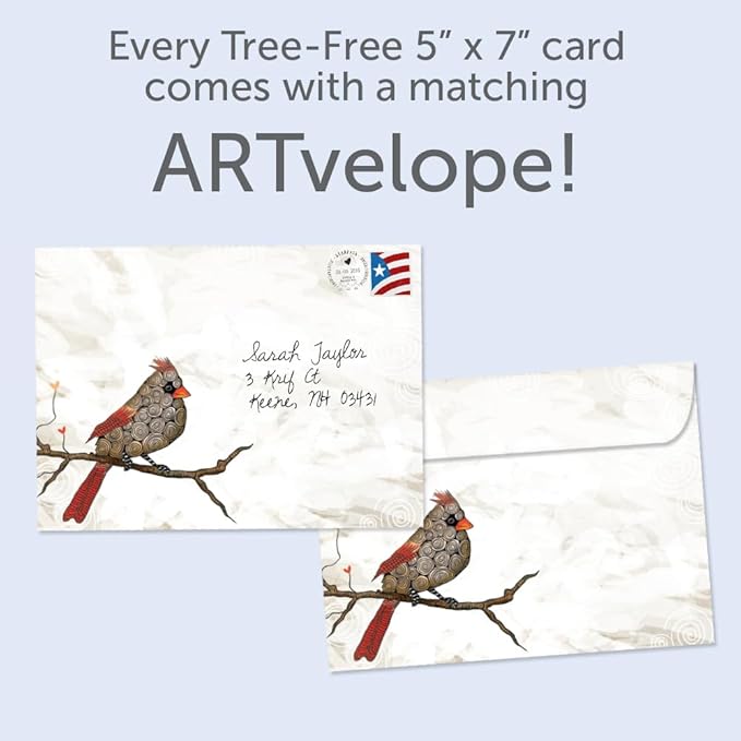 Tree-Free Greetings Cardinals Flitting Holiday Cards - 10 Recycled 5x7 Cards & Matching Envelopes, Thick Cardstock, Sustainably Made in USA - Vibrantly Artful Birds