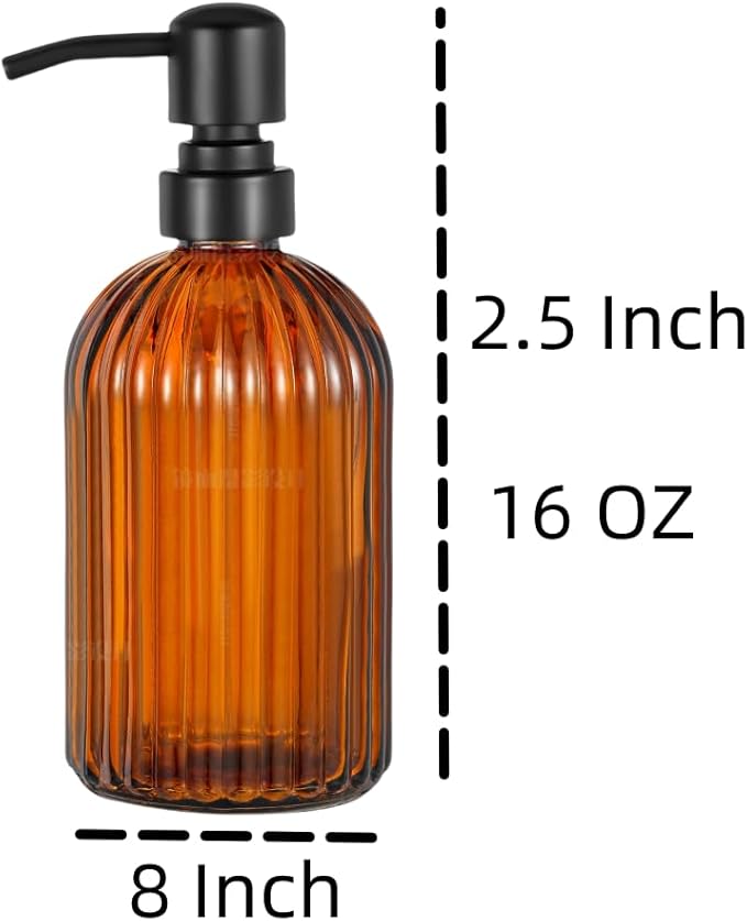2 Pcs Amber Vertical Design Bathroom and Kitchen Soap Dispenser Set with 16 oz Glass Jar, Matte Black Stainless Steel Pump - for Hand Soap, Dish Soap and Mouthwash Dispenser for Home & Kitchen Decor